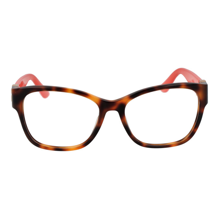 Tortoiseshell square eyeglasses for Women with red temples and gold G logo on temples