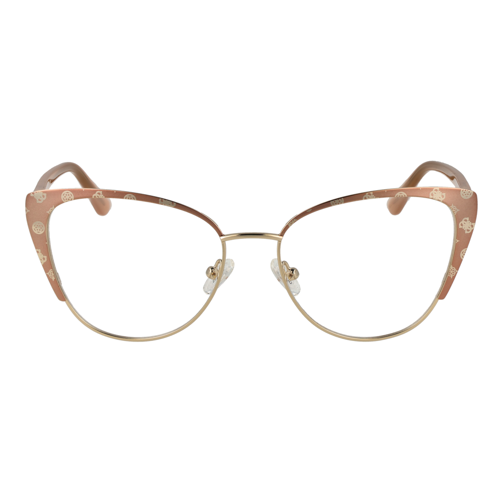 Brown patterned cat-eye eyeglasses with gold temples and clear nose pads on white background