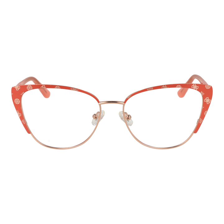 Orange and gold patterned cat-eye eyeglasses with metal temples and decorative upper frame for Women