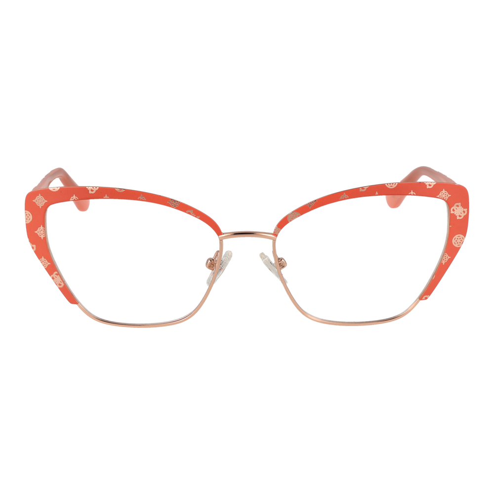 Orange and rose-gold patterned cat-eye eyeglasses in metal and plastic with adjustable nose pads