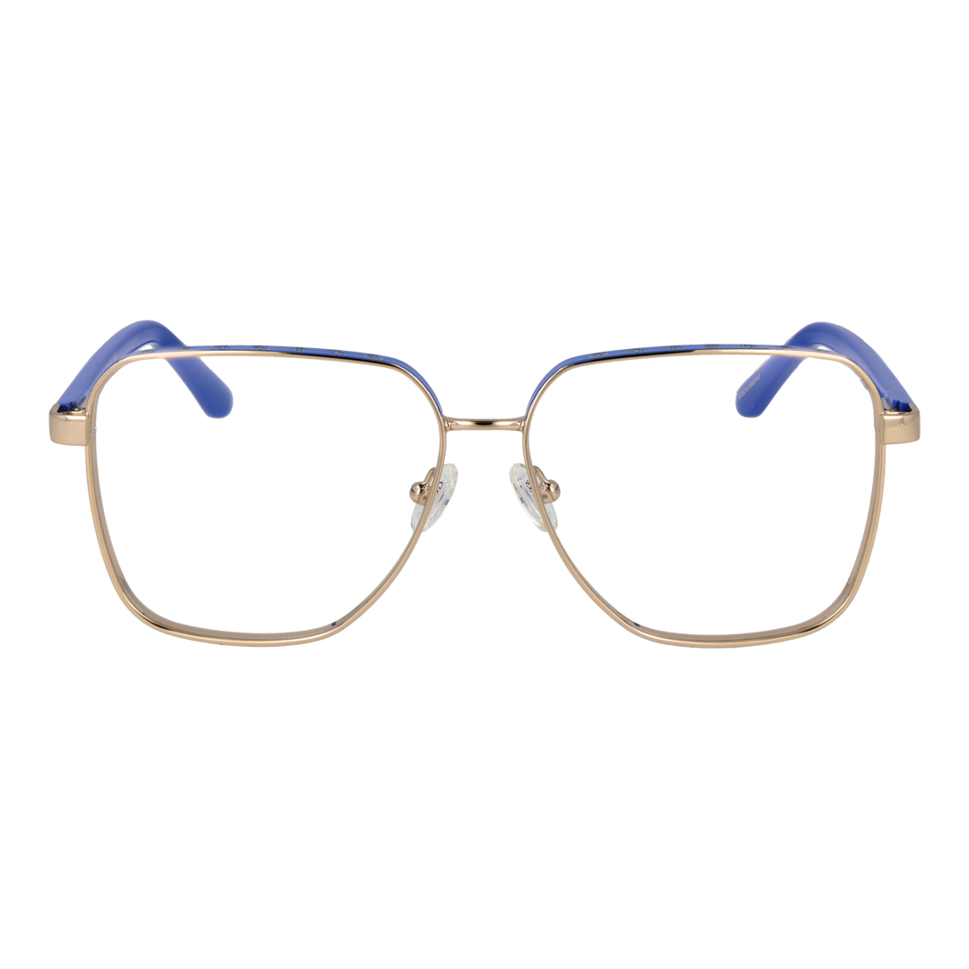 Unisex gold metal rectangular eyeglasses with blue lenses, adjustable nose pads and plastic temple tips