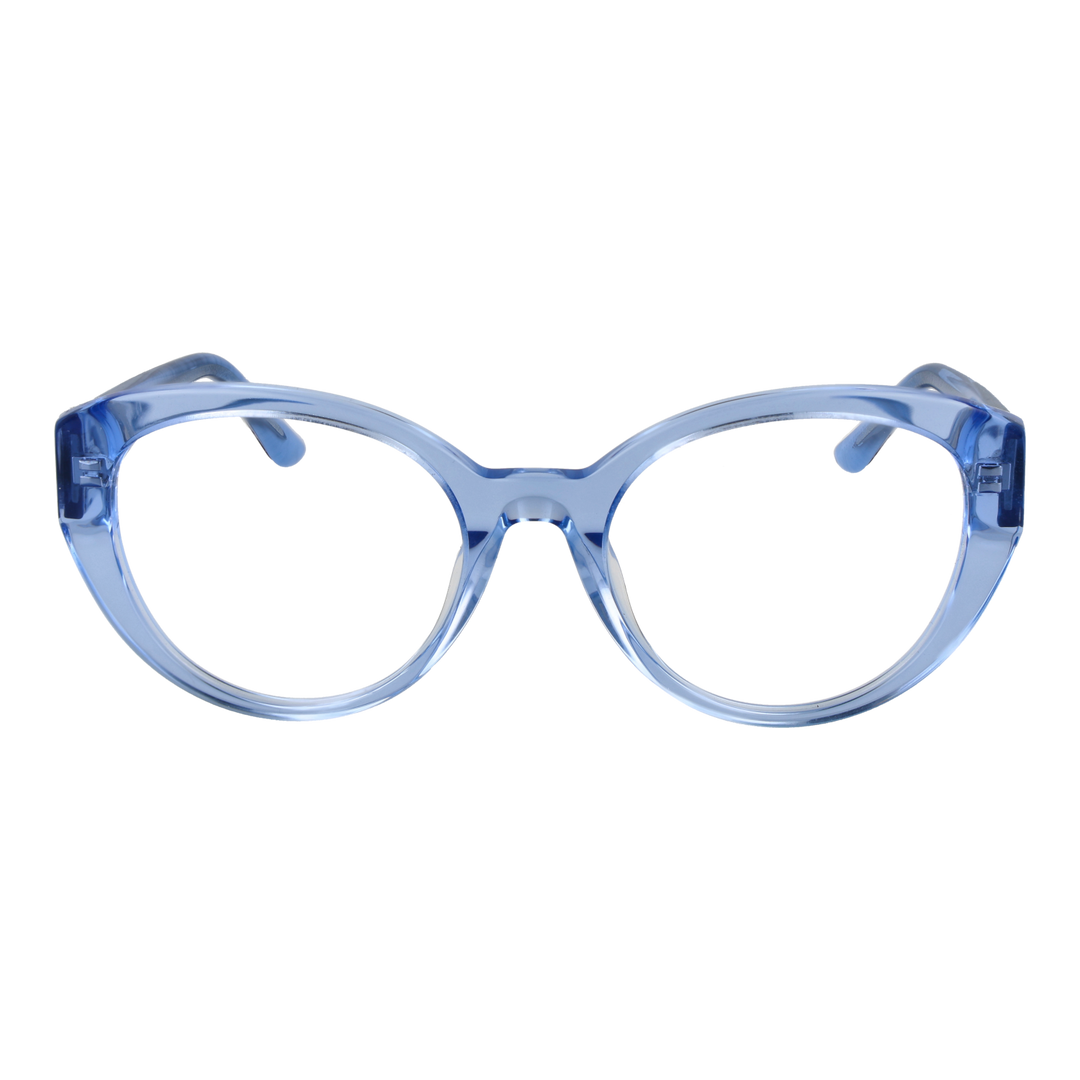 Light blue transparent round eyeglasses with patterned dark blue and white temples and gold G logo