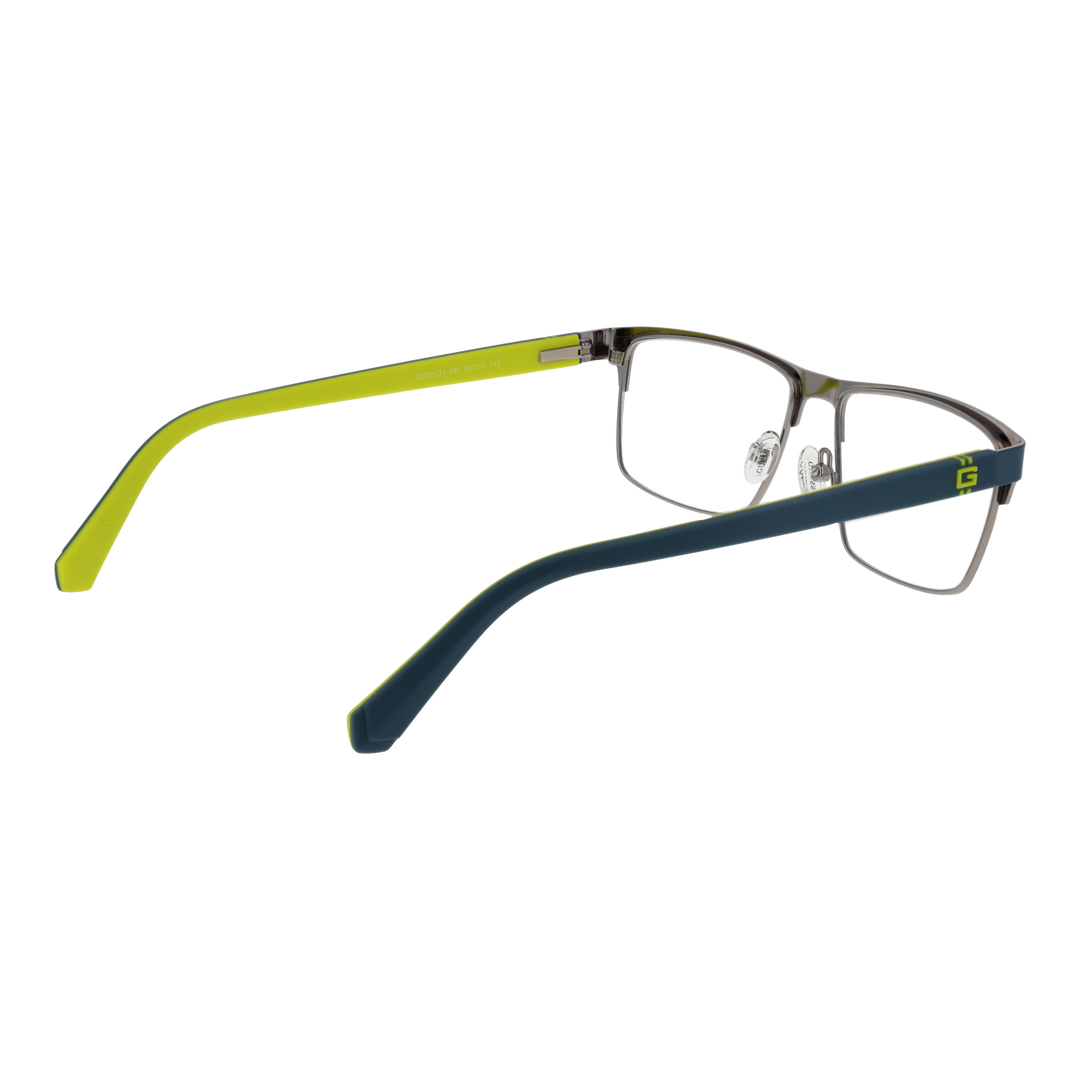 Blue rectangular eyeglasses with lime-green two-tone temples, silver metal frame, adjustable nose pads