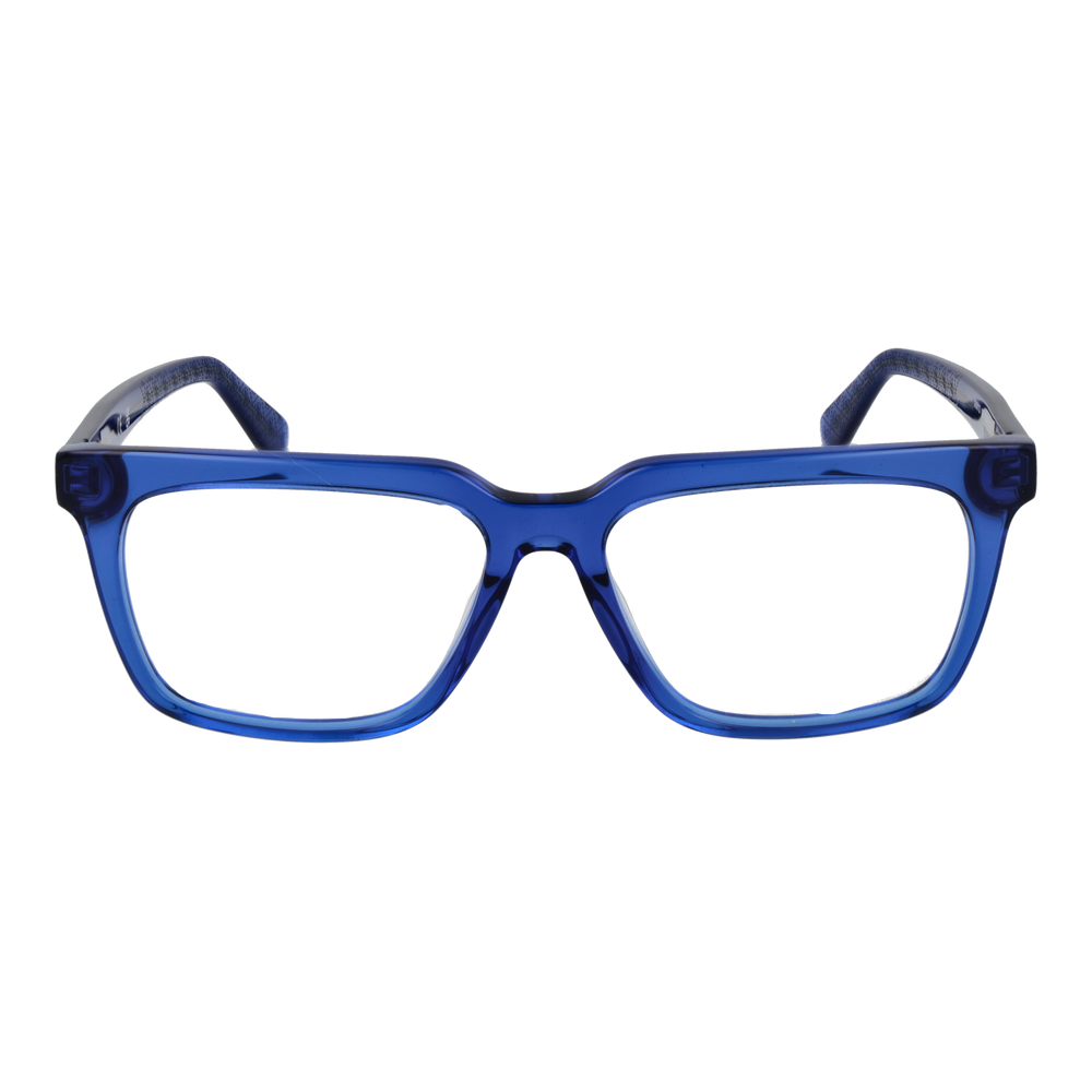 Transparent blue plastic rectangular eyeglasses with clear lenses and Guess logo on temple, modern unisex design