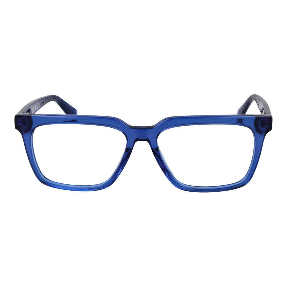 Transparent blue plastic rectangular eyeglasses with clear lenses and branded temple detail, front three-quarter view