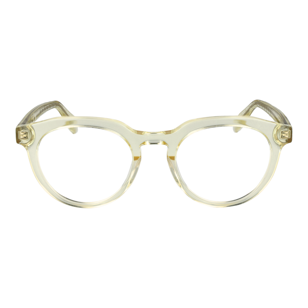 Unisex transparent yellow round eyeglasses in clear plastic frame showing round lenses and metal hinges on temples