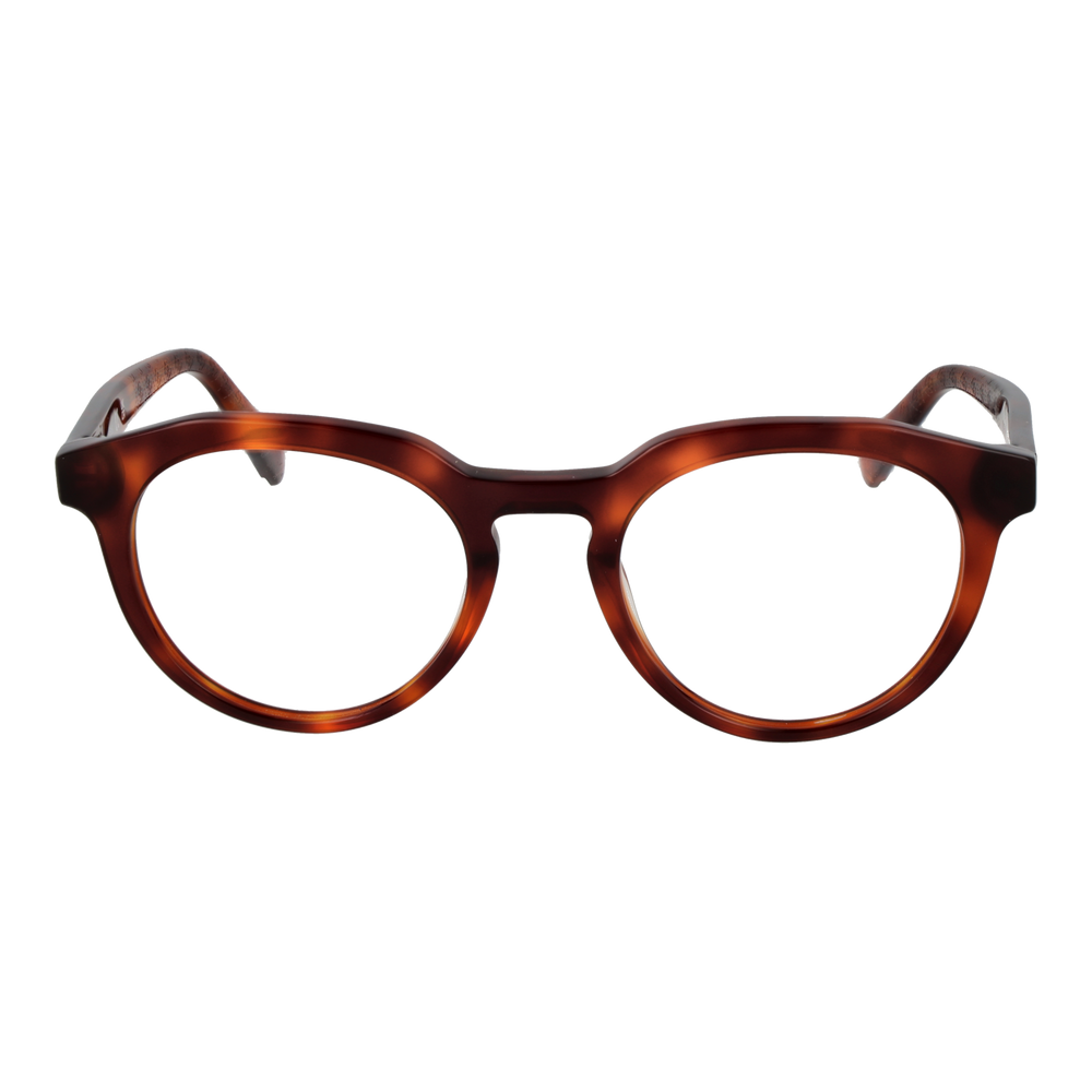 Unisex brown tortoiseshell round eyeglasses full-rim plastic frame with gold logo on temple