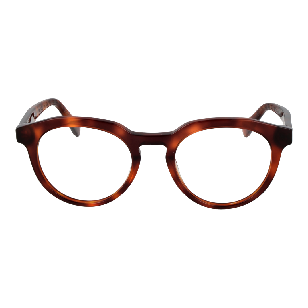 Unisex brown tortoiseshell round eyeglasses full-rim plastic frame with gold logo on temple