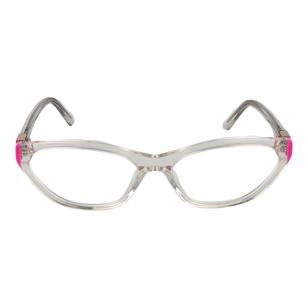Clear plastic cat-eye eyeglasses with pink corner accents and pink &