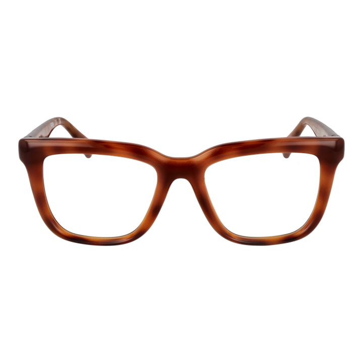 Brown tortoiseshell square eyeglasses with thick frame and patterned temples, front view on neutral background