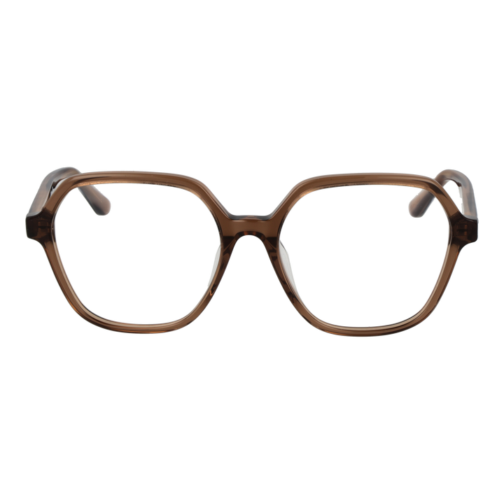 Brown geometric plastic eyeglasses with gold decorative temple symbols, clear lenses, retro-inspired shape