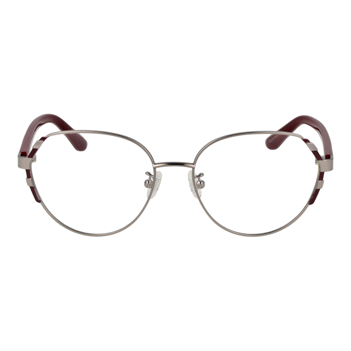 Unisex silver round eyeglasses with thin metal frame and dark red acetate temple tips, adjustable nose pads
