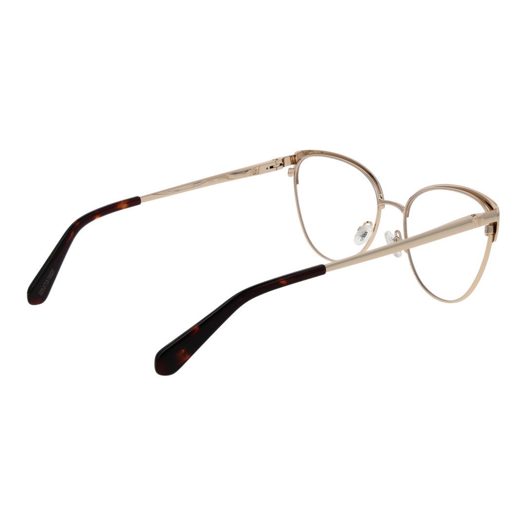 Gold metal cat-eye eyeglasses with thin black temples and adjustable nose pads on neutral background