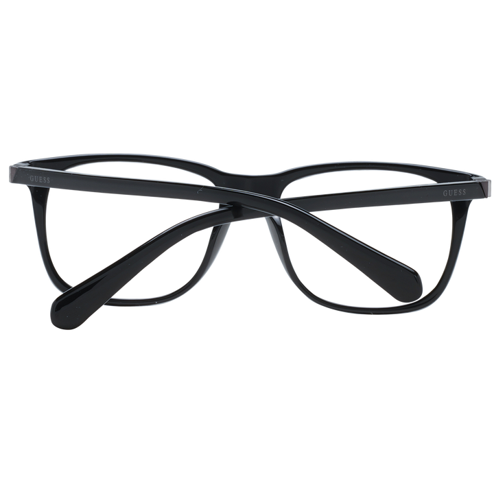 Black full-rim rectangular Unisex eyeglasses in plastic with logos on lens and temples on white background