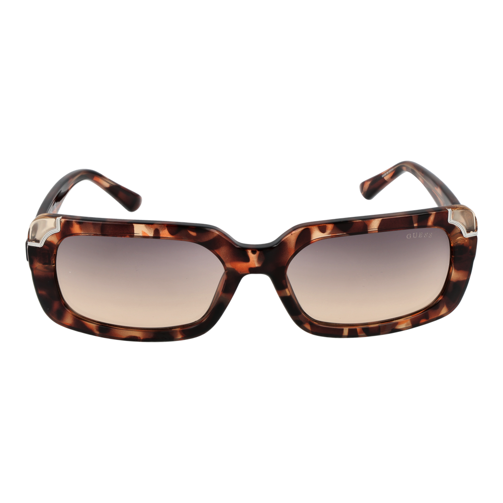Tortoise brown rectangular sunglasses with gradient lenses and metallic corner accents, Guess logo on temple and lens