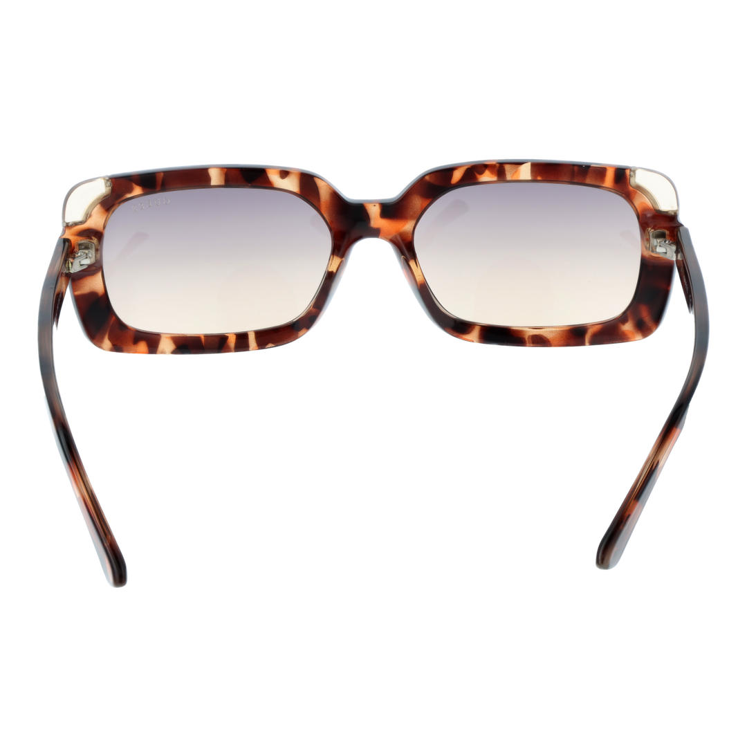 Tortoise brown rectangular sunglasses with gradient lenses and metallic corner accents, Guess logo on temple and lens