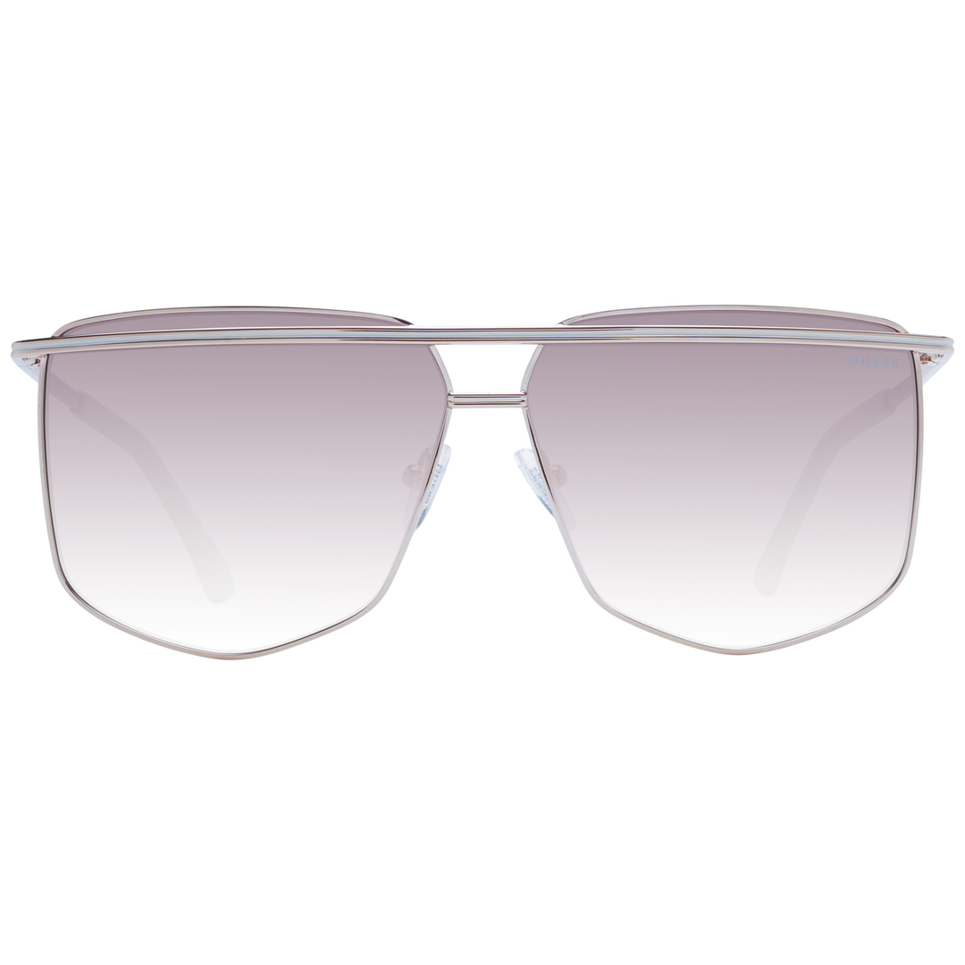Silver metal aviator sunglasses with gradient purple lenses and white temple tips on neutral background
