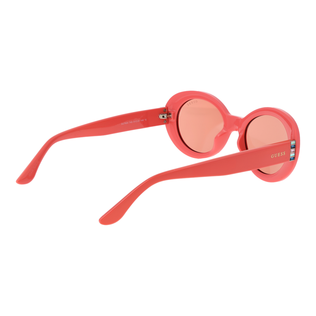 Pink retro oval sunglasses with decorative stones on temples and glossy plastic frame, angled view