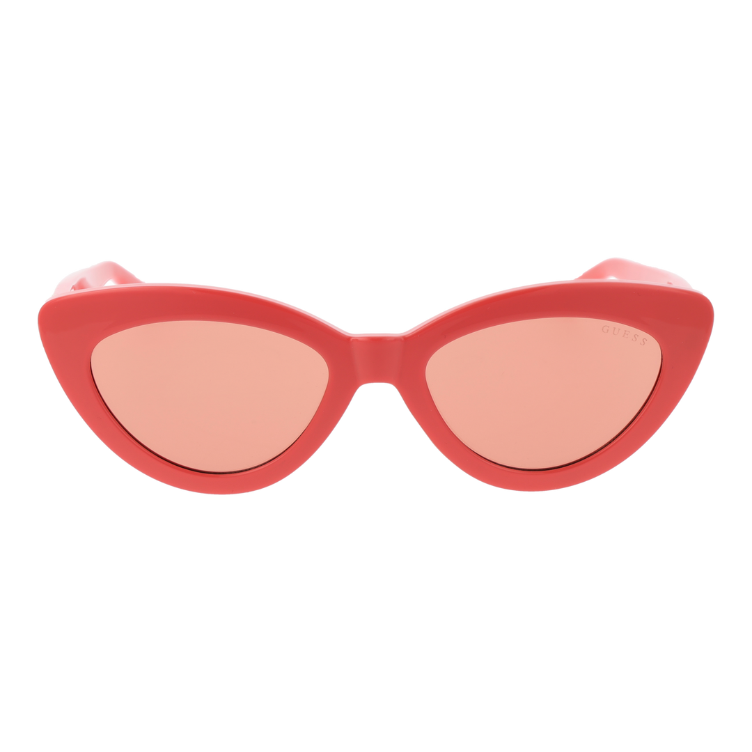 Coral pink cat-eye sunglasses with tinted lenses and decorative temples on white background