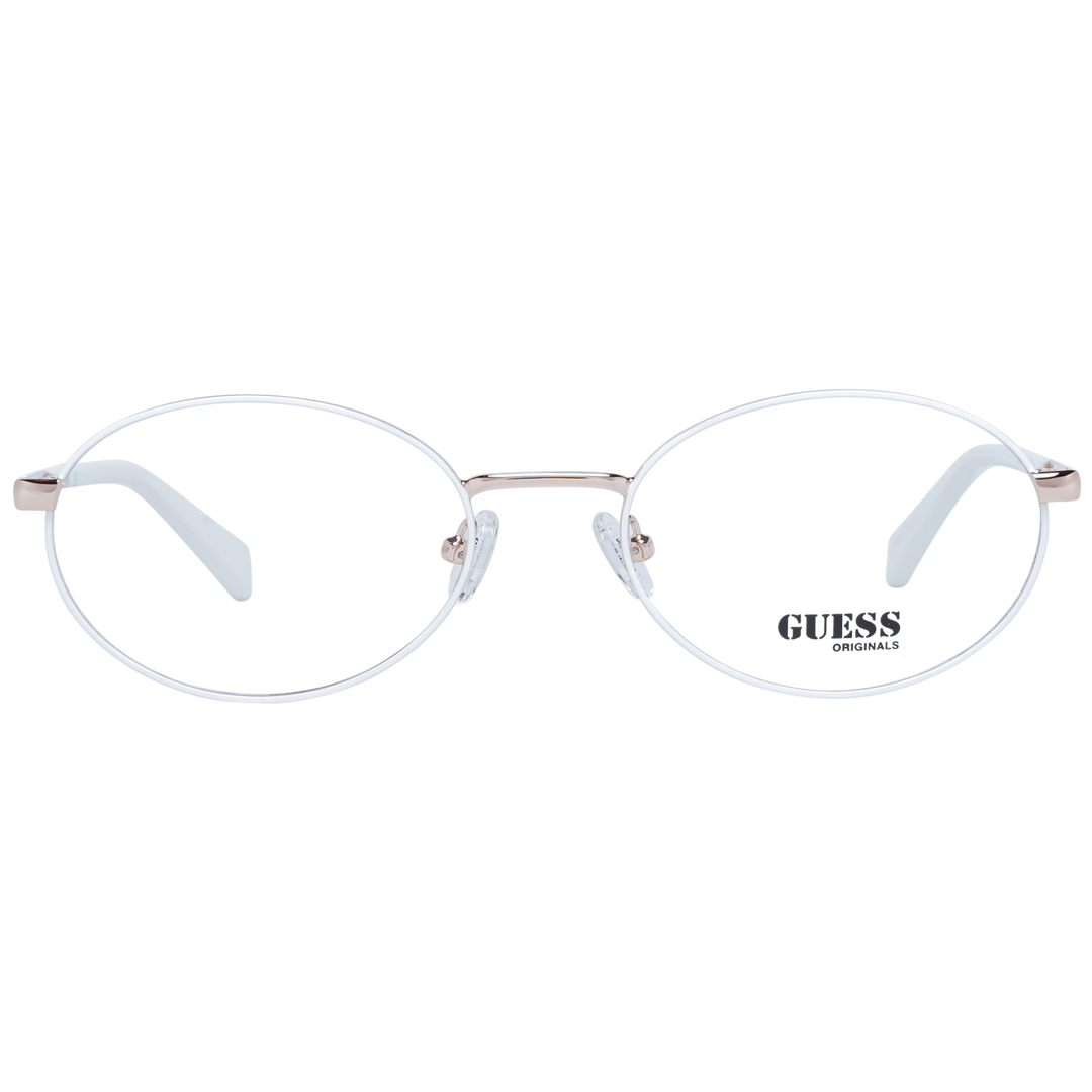 White and rose-gold oval eyeglasses on white background, thin metal frame and nose pads, minimalist design