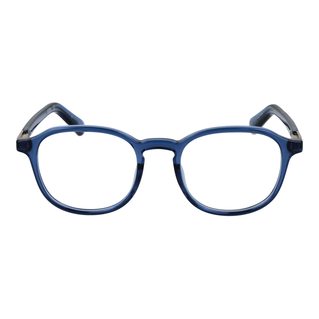 Unisex blue round plastic eyeglasses with gold decorative hinge detail, clear lenses, modern profile