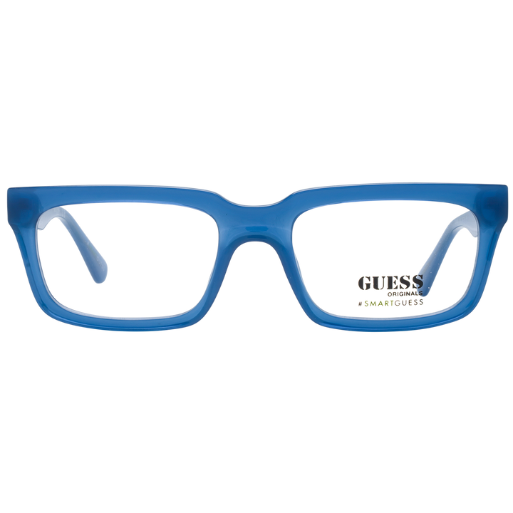 Unisex blue rectangular full-rim eyeglasses in thick plastic with metallic hinge detail, modern profile