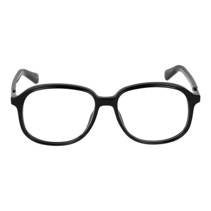 Black plastic rectangular eyeglasses with metallic hinge detail on temple, front view on white background