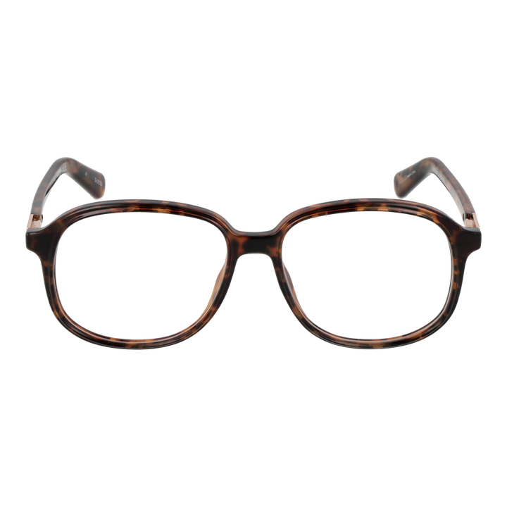 Unisex tortoise brown round eyeglasses with patterned temples and metallic accents, plastic frame frontal view