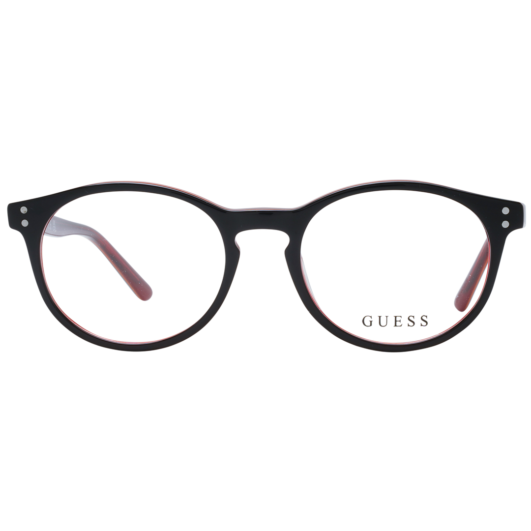 Unisex black-and-red round eyeglasses in plastic frame with silver hinge dots shown front view