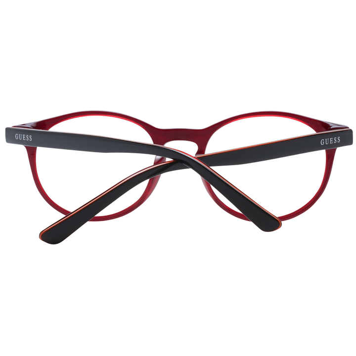 Unisex black-and-red round eyeglasses in plastic frame with silver hinge dots shown front view