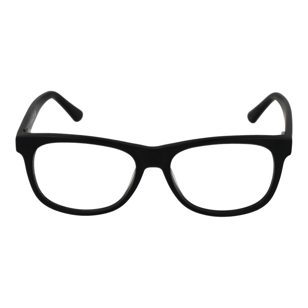 Unisex black full-rim rectangular eyeglasses in plastic on white background showing front and temple