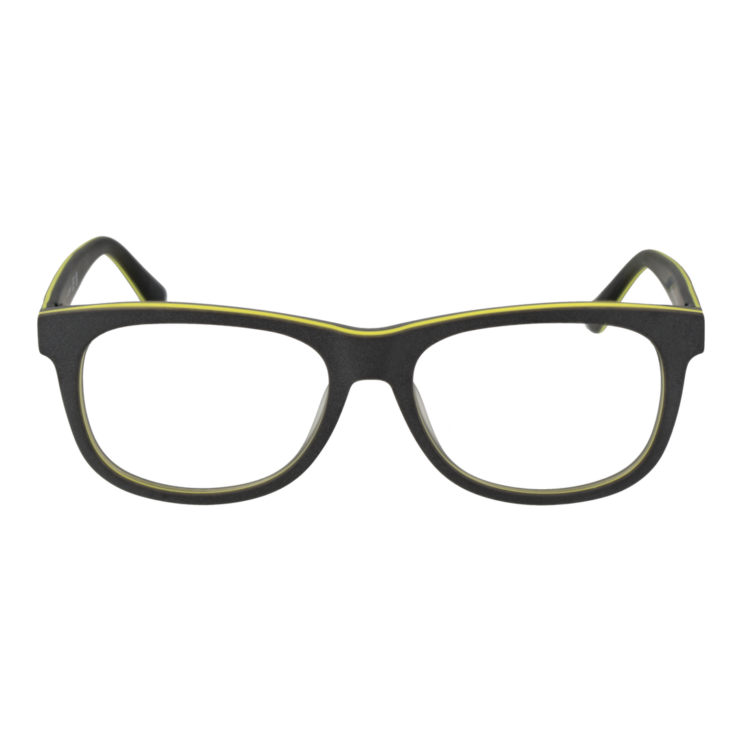 Black full-rim rectangular eyeglasses with yellow temple accents and branded logo, Unisex modern plastic frame