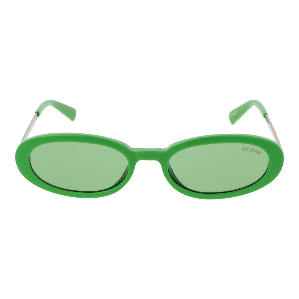 Green oval sunglasses with plastic frame and metal arms, Guess logo on lens and temples