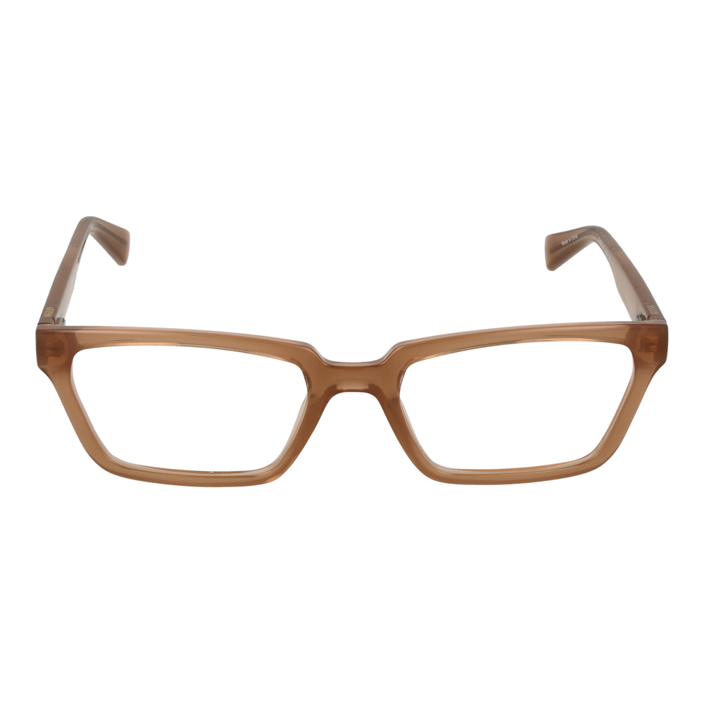 Unisex transparent brown plastic rectangular eyeglasses with low-profile temples, modern full-rim frame