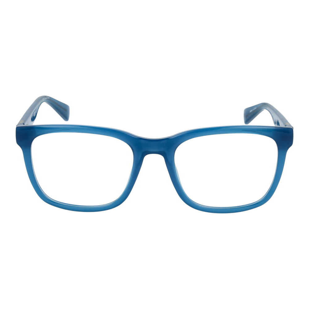 Transparent blue full-rim rectangular eyeglasses on white background, Unisex plastic frame, clear lenses