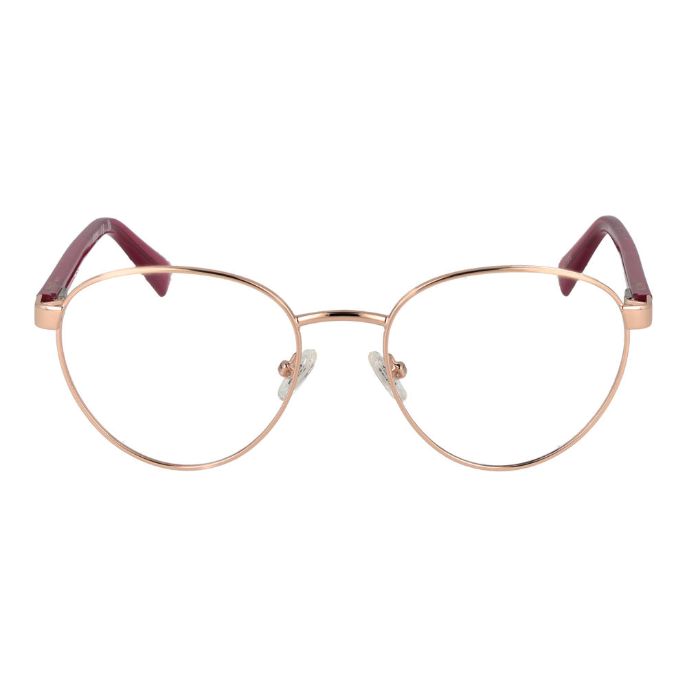 Rose gold thin metal round eyeglasses with burgundy temple tips, adjustable nose pads, minimalist design