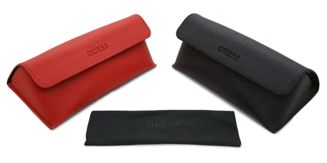 Black, purple, and red two-tone cat-eye eyeglasses with clear lenses, faux-leather case and cleaning cloth