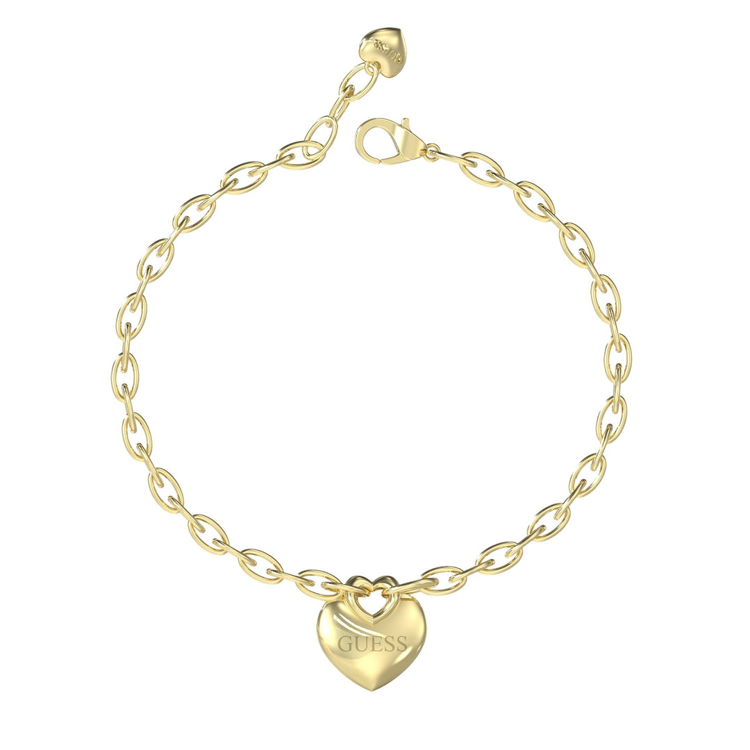 Gold-tone charm bracelet with heart charm, chain links and lobster clasp on white background