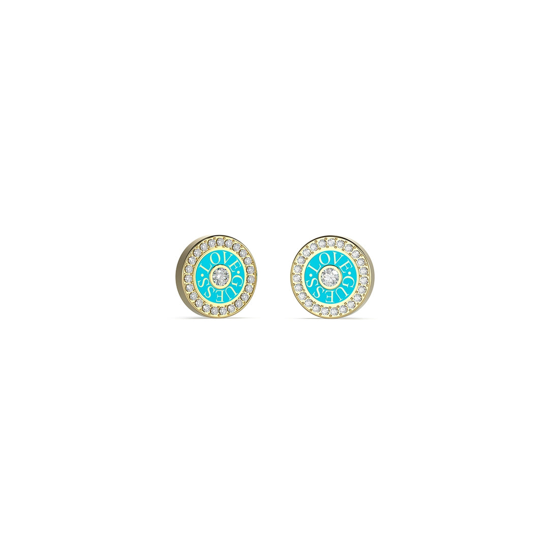 Gold round stud earrings featuring turquoise center, white accent stones, and engraved halo detail on metal