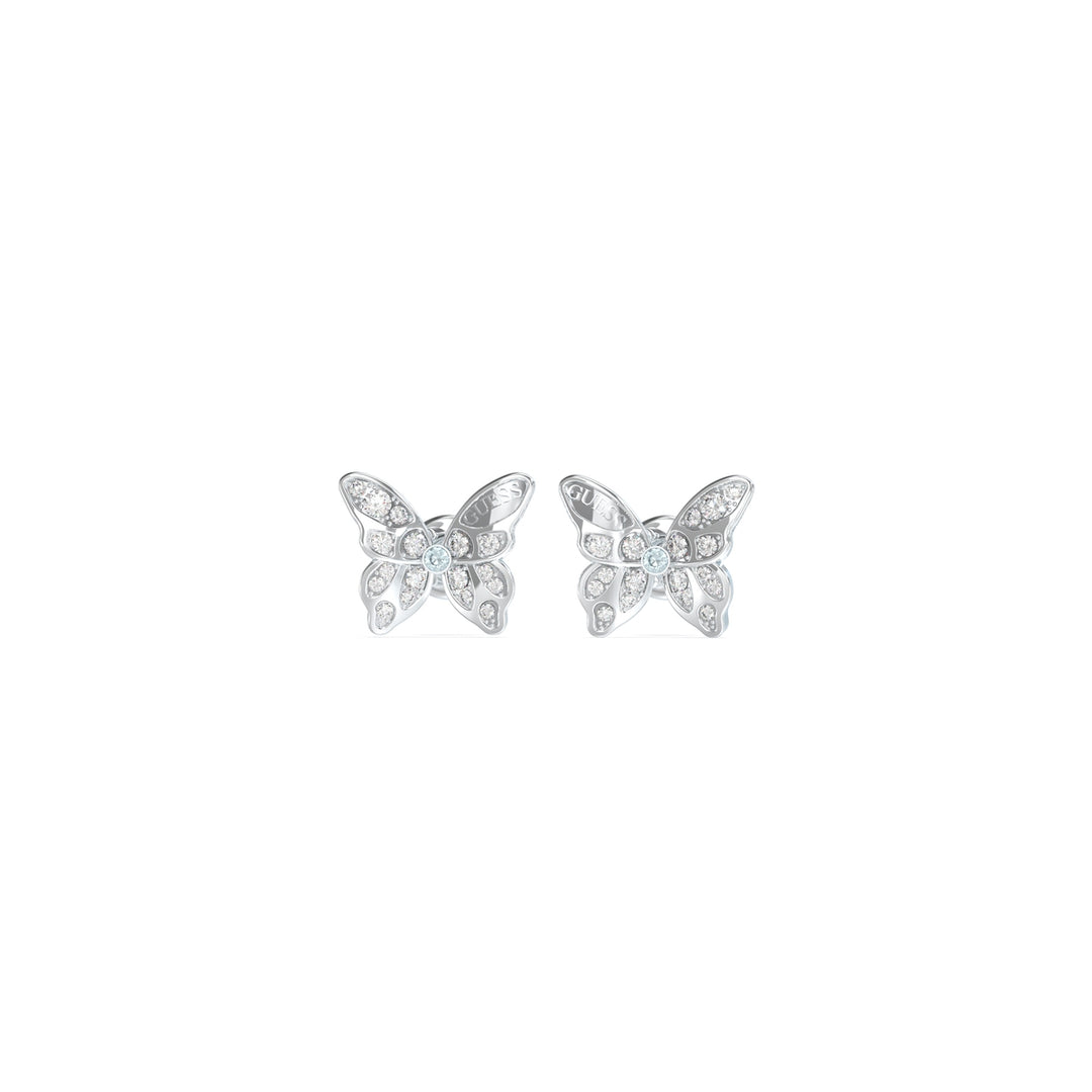 Silver butterfly stud earrings with central round crystal and pavé clear crystals, engraved GUESS on wings
