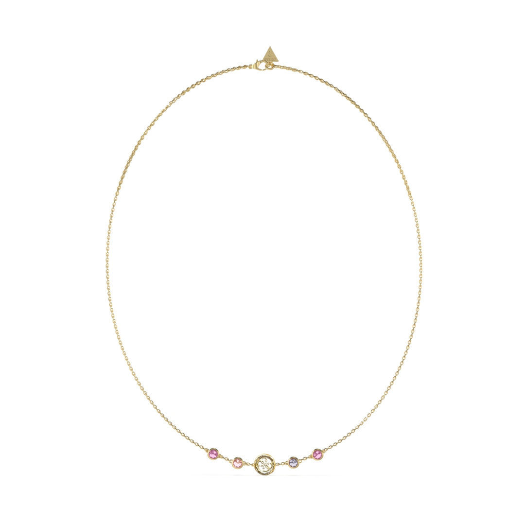 Delicate gold pendant necklace with central round pendant and five pink and purple stones on fine chain