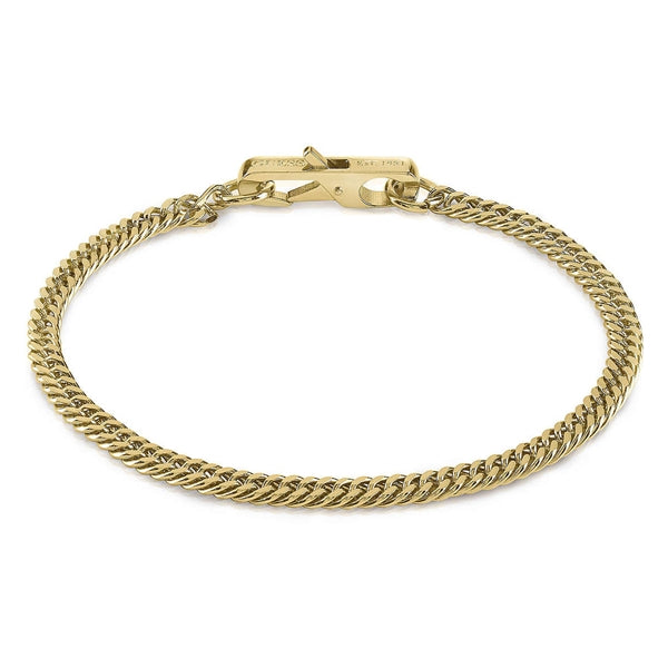 Unisex gold metal chain bracelet with interlocking links and a clasp, shown on white background