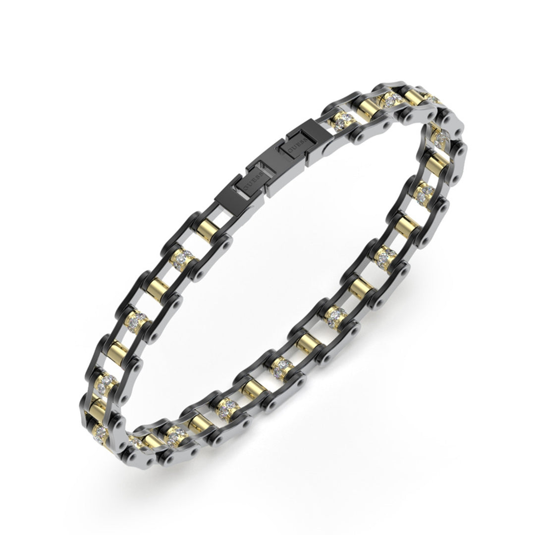 Black, gold and silver mixed-metal chain bracelet with clear stones and branded clasp on neutral background