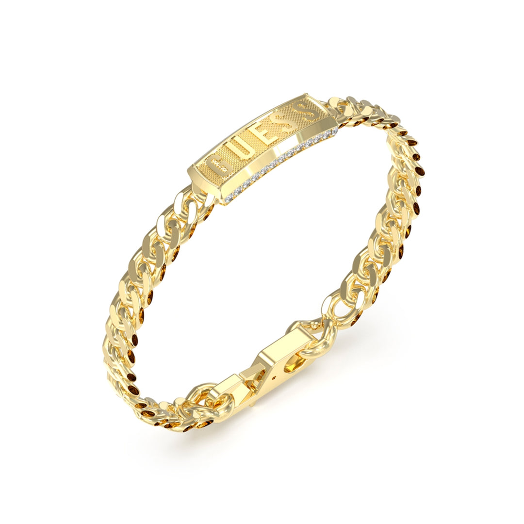 Gold chain bracelet with rectangular engraved plate and small stones along plate edges, lobster clasp visible