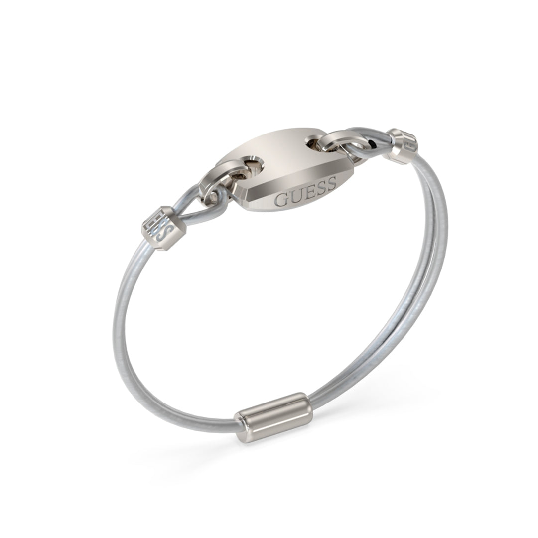 Unisex silver double wire bracelet with engraved metal clasp and metal connectors on neutral background