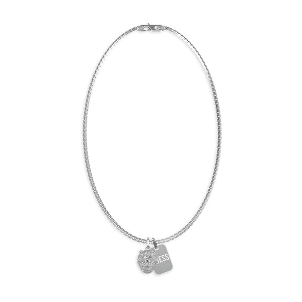Unisex silver chain necklace with two round pendants, one engraved text, one textured surface, on white background