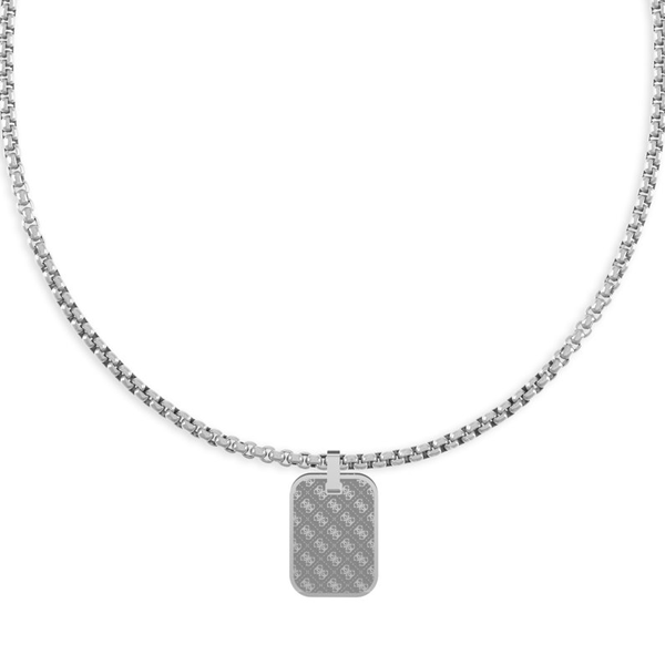Silver metal chain necklace with rectangular patterned pendant shown on neutral background, Unisex accessory