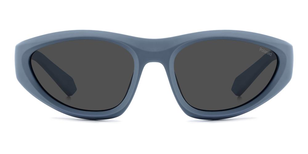 Unisex blue cat-eye sunglasses in glossy plastic with dark lenses and thick curved arms on white background