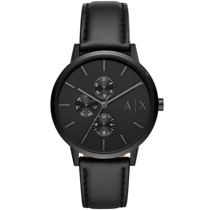 Black Armani Exchange wrist watch, IP steel case, black mineral dial, leather strap, multifunction subdials
