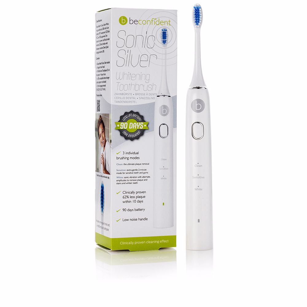White and silver sonic electric toothbrush with compact brush head, Unisex